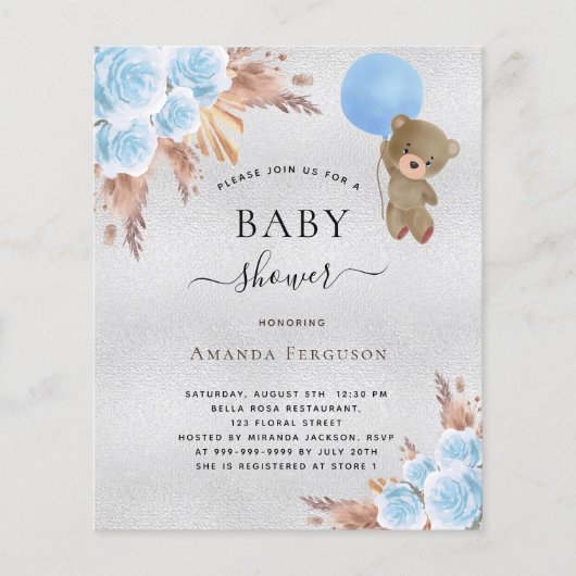 バジェット赤ちゃんシャワーパンパスグラスシルバーテディベア (正面)