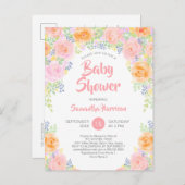 バジェット赤ちゃんシャワーピンクのバラ水色フローラ インビテーションポストカード (正面/裏面)