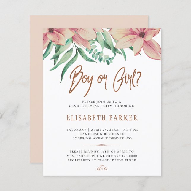 バジェット赤ちゃんシャワー性別リビールパーティの招待状 (正面/裏面)