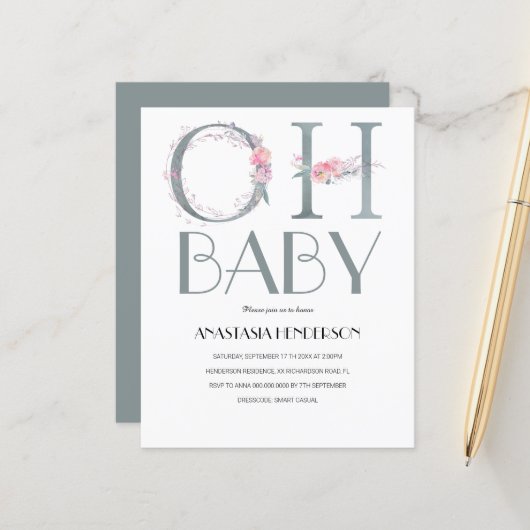 バジェット赤ちゃんシャワー招待状。 (正面/裏面インサイチュ)