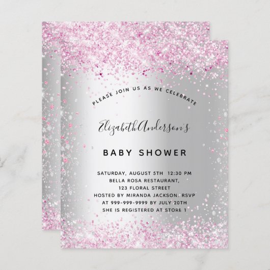バジェット赤ちゃんシャワー銀色ピンクの女の子の招待 (正面/裏面)