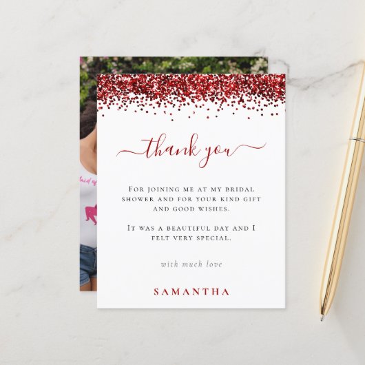 バジェット赤グリッター写真ブライダルシャワーありがとう (正面/裏面インサイチュ)