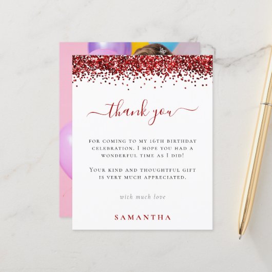 バジェット赤グリッター写真甘い16ありがとう (正面/裏面インサイチュ)