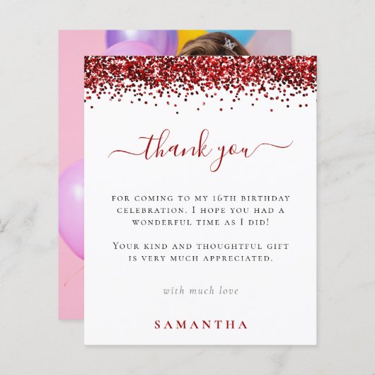 バジェット赤グリッター写真甘い16ありがとう (正面/裏面)