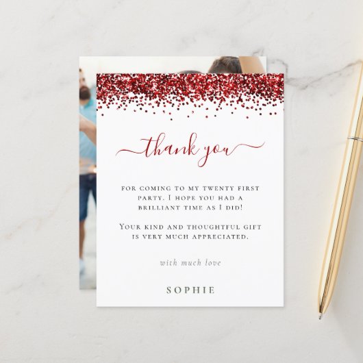 バジェット赤グリッター写真21st誕生日ありがとう (正面/裏面インサイチュ)