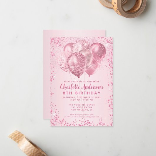 バジェット赤面ピンクグリッターバルーン子供の誕生日 ノートカード (正面/裏面インサイチュ)