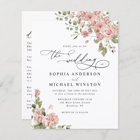 バジェット赤面ピンクローズフローラ結婚式招待状 (正面/裏面)
