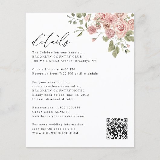 バジェット赤面ピンクローズフローラ結婚式招待状 (裏面)