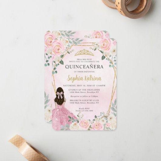 バジェット赤面ピンク金ゴールドフローラプリンセスキンセアニラ ノートカード (正面/裏面インサイチュ)