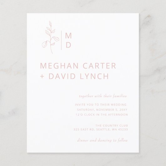 バジェット赤面ボタニカルモノグラム結婚式招待状 (正面)