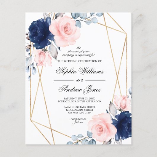 バジェット赤面&ネイビーブルーバラ結婚式招待状 (正面)