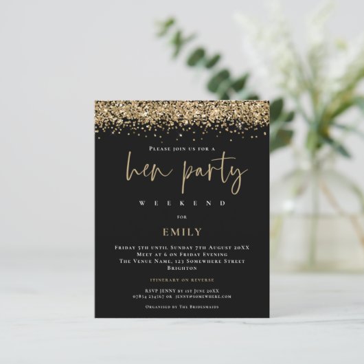 バジェット金ゴールドグリッターウィークエンドヘンパーティーブラック招待状 (スタンド正面)
