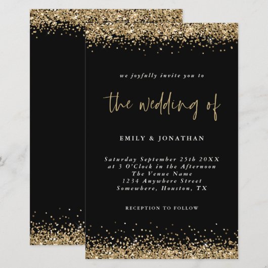 バジェット金ゴールド結婚グリッターズブラック招待状 (正面/裏面)