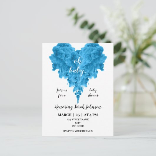 バジェット青い煙のハート赤ちゃんシャワーの招待 インビテーションポストカード (スタンド正面)