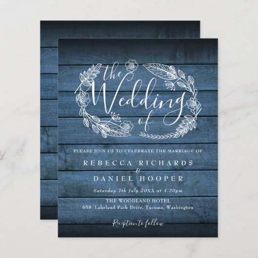 バジェット青素朴木の葉の結婚式の招待 (正面/裏面)