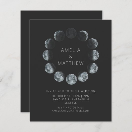 バジェット黒い水の色の月のフェーズ結婚式の招待 (正面/裏面)
