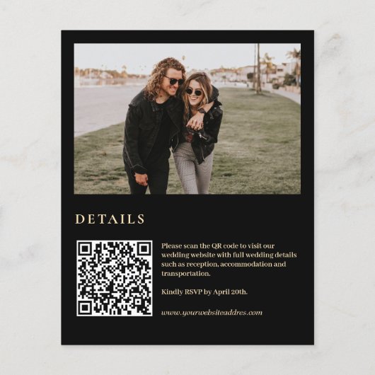 バジェット黒の緑の写真QRコード結婚式の招待 (裏面)