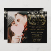 バジェット黒金ゴールドの葉の写真の結婚式の招待 (正面/裏面)