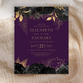 バジェット黒金ゴールドフローラ紫色の結婚式の招待