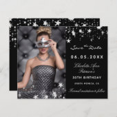 バジェット黒銀写真の誕生日Save the Date (正面/裏面)