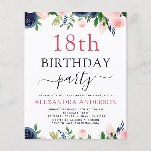 バジェット18誕生日ネイビーブルー赤面ピンクフローラ チラシ (正面)