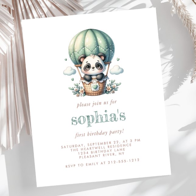 バジェット1thバースデーグリーンパンダバルーン招待状 (クリエイターアップロード済み)