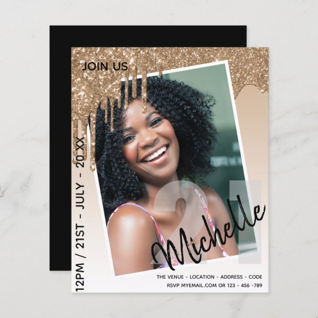 バジェット21th誕生日フォトドリッピンググリッター招待状 (正面/裏面)