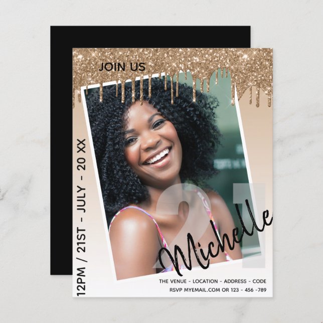 バジェット21th誕生日フォトドリッピンググリッター招待状 (正面/裏面)