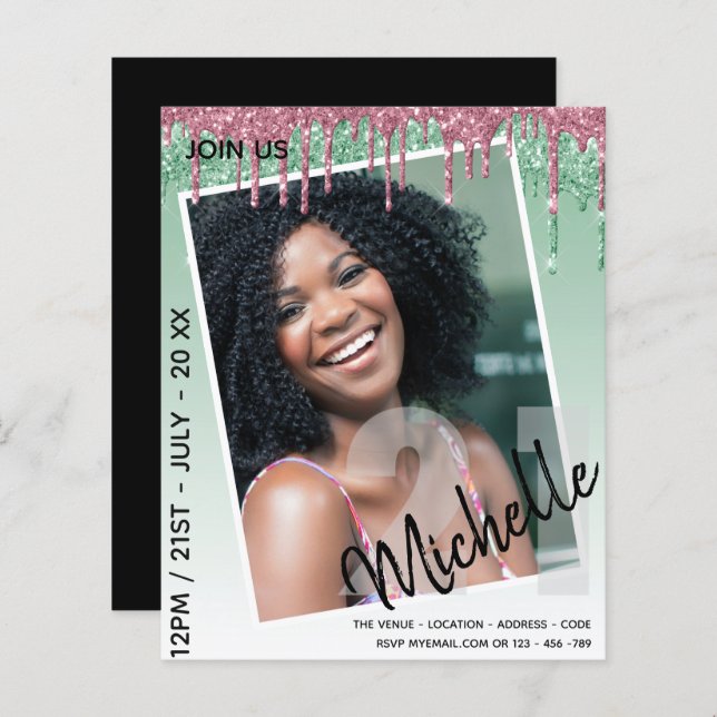 バジェット21th誕生日フォトドリッピンググリッター招待状 (正面/裏面)
