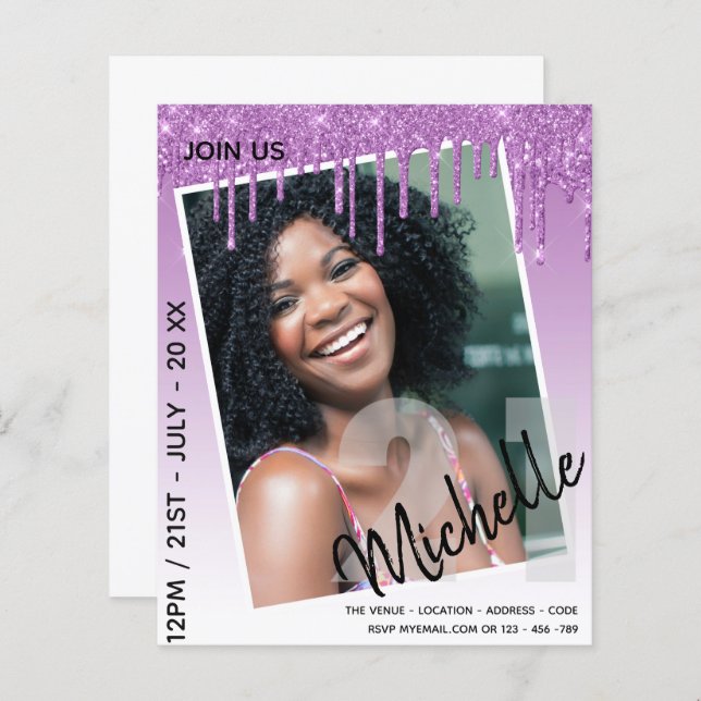 バジェット21th誕生日フォトドリッピンググリッター招待状 (正面/裏面)