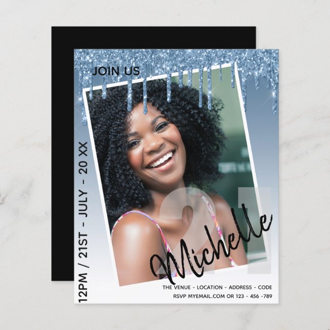 バジェット21th誕生日フォトドリッピンググリッター招待状 (正面/裏面)