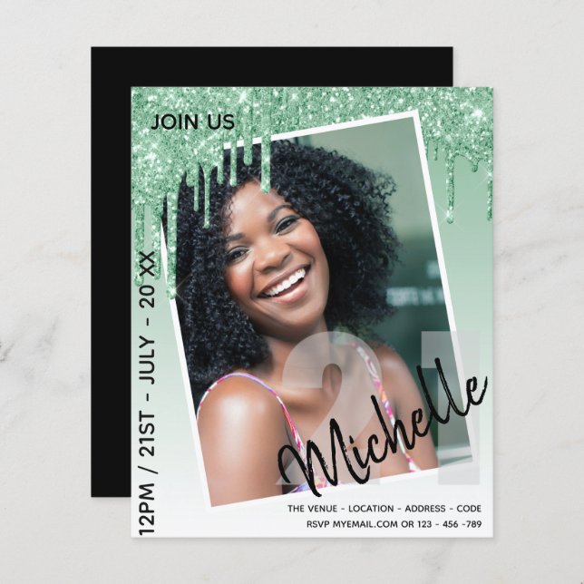 バジェット21th誕生日フォトドリッピンググリッター招待状 (正面/裏面)