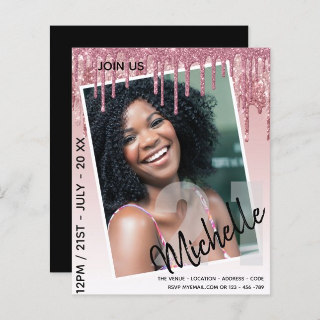 バジェット21th誕生日フォトドリッピンググリッター招待状 (正面/裏面)
