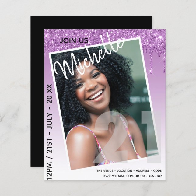 バジェット21th誕生日フォトドリッピンググリッター招待状 (正面/裏面)