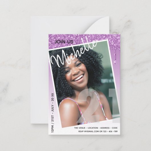 バジェット21th誕生日フォトドリッピンググリッター招待状 ノートカード (正面)