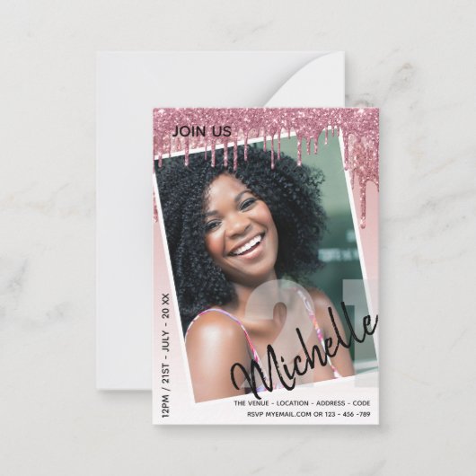 バジェット21th誕生日フォトドリッピンググリッター招待状 ノートカード (正面)