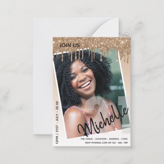 バジェット21th誕生日フォトドリッピンググリッター招待状 ノートカード (正面)