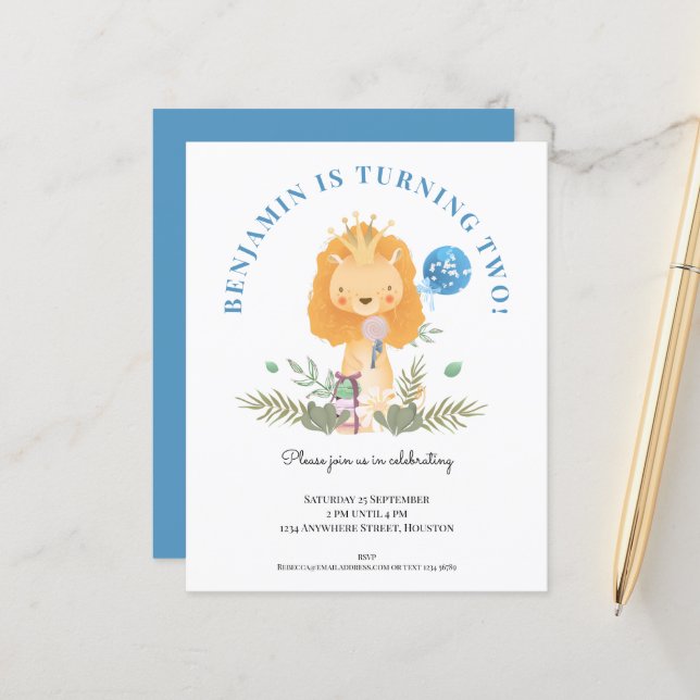 バジェット2ndバースデーライオンボーイズパーティの招待状 (正面/裏面インサイチュ)