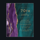 バジェット70th誕生日パープル金ゴールドティール（緑がかった色）アゲート招待状<br><div class="desc">この離れ誕生会の端はエレガント紫の水の色のアグレ縁どートの金ゴールドグリッターを特徴とする。カスタマイズ可能な文字は、金ゴールド色の手書き入力、コピープレートおよび斜体のフォントをティール（緑がかった色）の青い瑪瑙の背景に組み合わせる。裏面は紫色と金ゴールド酸デザインが一致する。</div>