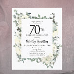 バジェット70th誕生日ホワイトフローラ招待状<br><div class="desc">70歳エレガントの誕生日パーティーの招待状には、白い花と深いの緑の花の植物性の枠が含ま葉れている。誕生日の人の名前はスクリプ書ト文字で伝統的ある。すべての文字は簡単に編集でき、正しい祝言のトーンを作成する。</div>