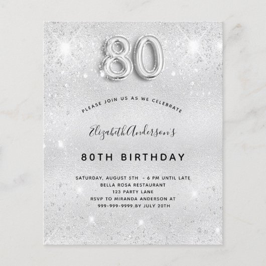 バジェット80th誕生日シルバーグリッター招待 (正面)