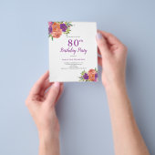 バジェット80th誕生日パープルフローラ招待状 チラシ (手)