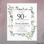 バジェット90th誕生日ホワイトフローラ招待状<br><div class="desc">90歳エレガントの誕生日パーティーの招待状には、白い花と深いの緑の花の植物性の枠が含ま葉れている。誕生日の人の名前はスクリプ書ト文字で伝統的ある。すべての文字は簡単に編集でき、正しい祝言のトーンを作成する。</div>