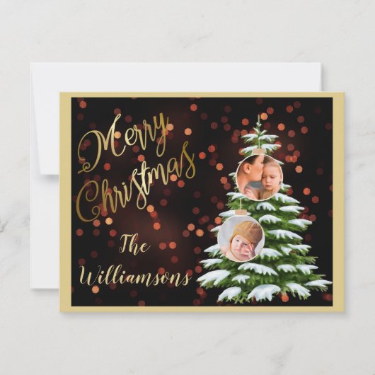 バジェット・エレガント金ゴールド・ツリー写真メリー・クリスマス シーズンカード (正面)
