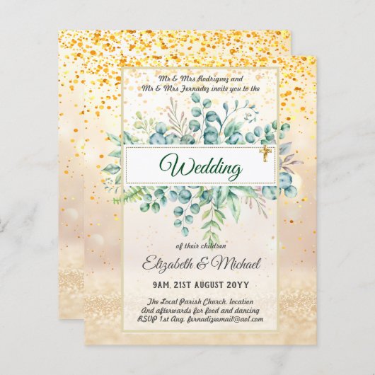 バジェット・カトリック結婚クリスチャンの緑の招待状 (正面/裏面)