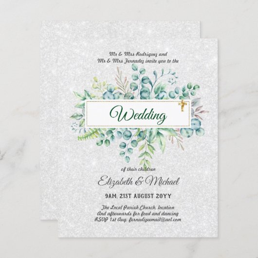 バジェット・カトリック結婚クリスチャンの緑の招待状 (正面/裏面)