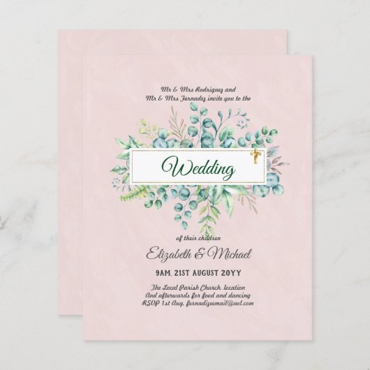 バジェット・カトリック結婚クリスチャンの緑の招待状 (正面/裏面)