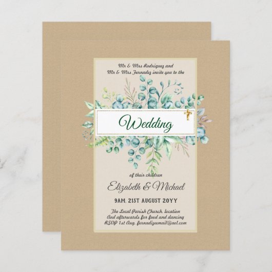 バジェット・カトリック結婚クリスチャンの緑の招待状 (正面/裏面)