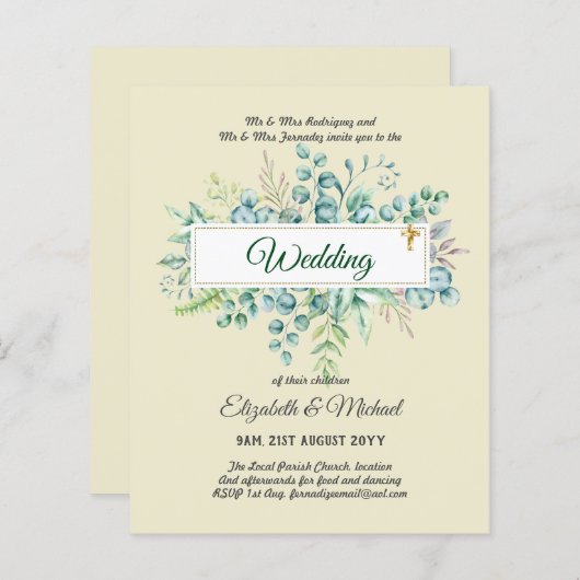 バジェット・カトリック結婚クリスチャンの緑の招待状 (正面/裏面)