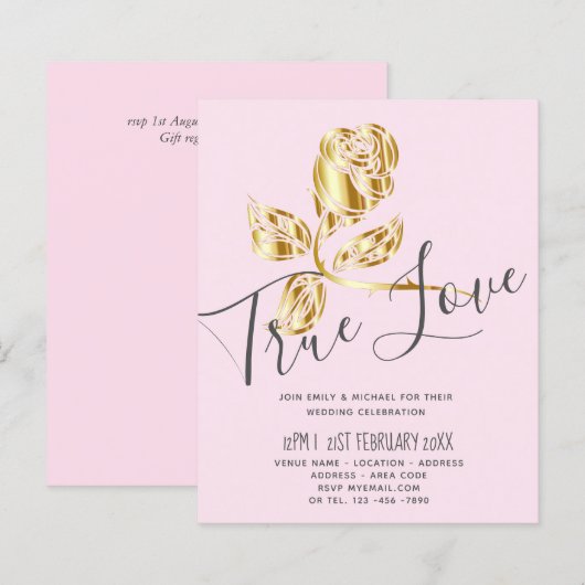 バジェット トレンディング トゥルー ラブ ゴールド ローズ ウェディング インビテーション (正面/裏面)